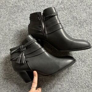 Womens‎ Black Faux Leather Ankle Boots Stacked Heel Zip Tassel Braided Strap 11